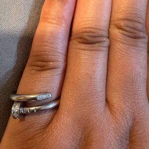 Elegant Silver Nail Ring with lab diamonds size 6